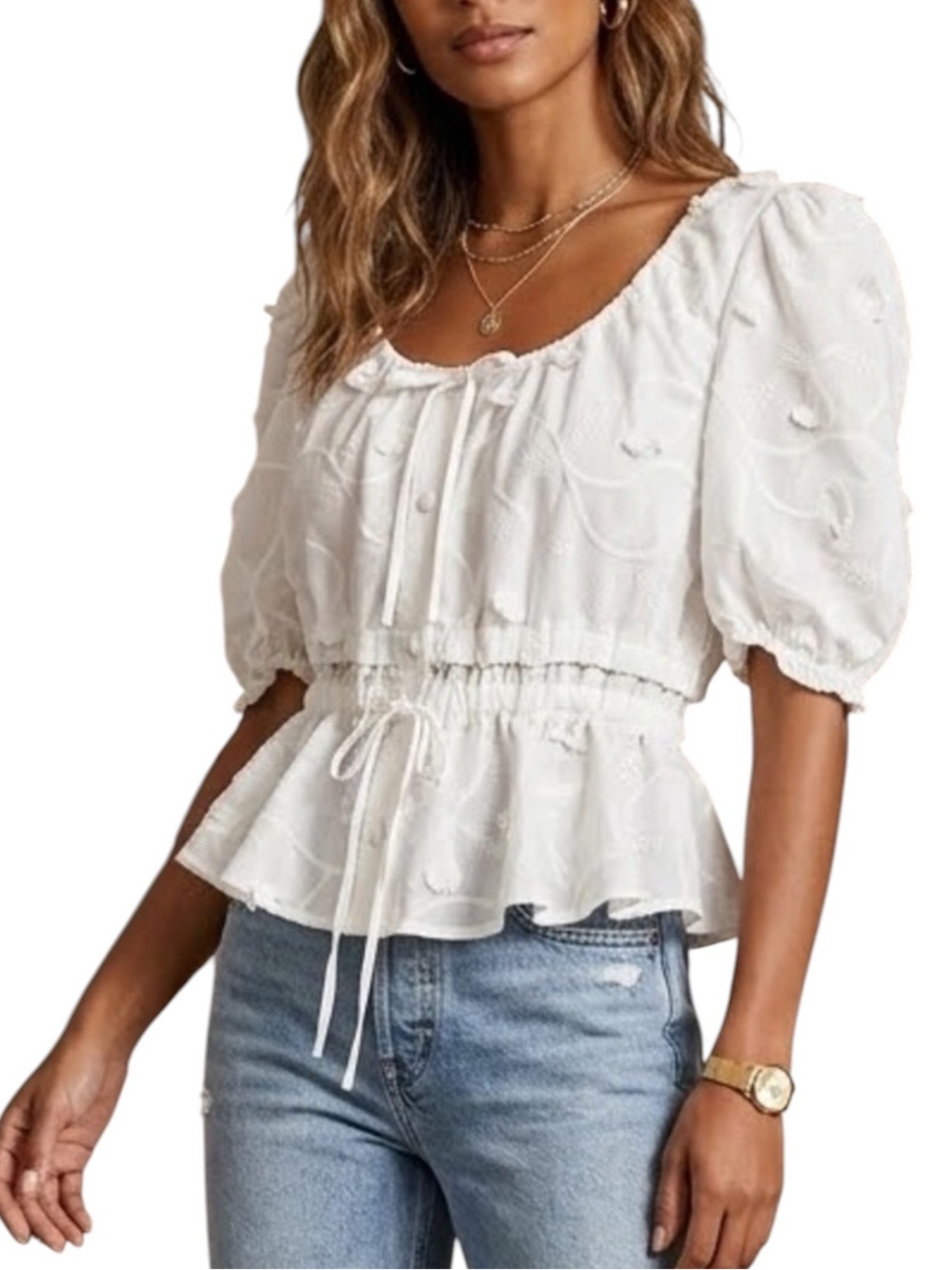 LN JOIE Embroidered Fringe Tie Neck Waist Puff Sleeve Peplum Blouse - L